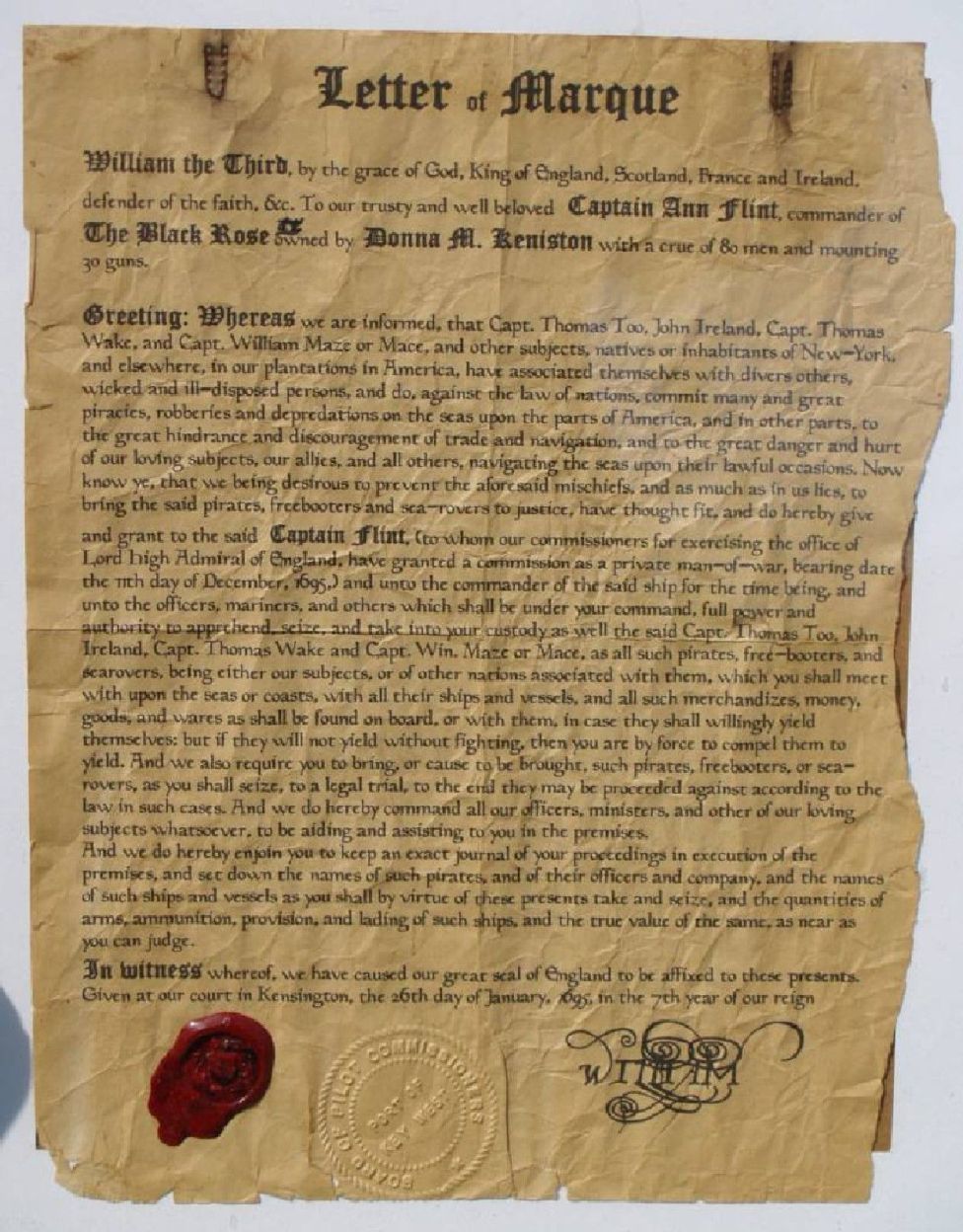 Типовое каперское свидетельство 1695 года, форма их не изменилась и в XVIII веке 