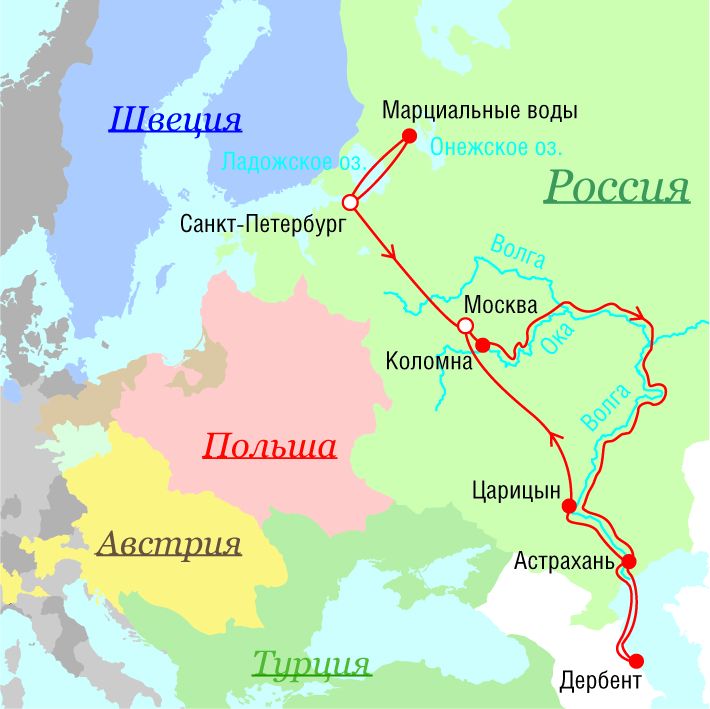 Маршрут поездок Петра I - 1722 г.