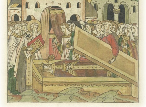 Кончина великой князини Глеба Ростовского Феодоры и ее похороны в церкви Пречистой Богородицы в Ростове.